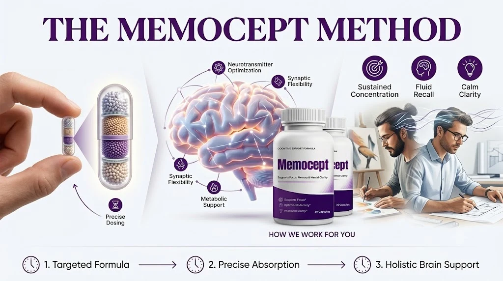 The Memocept Method infographic: targeted formula, precise absorption, holistic brain support